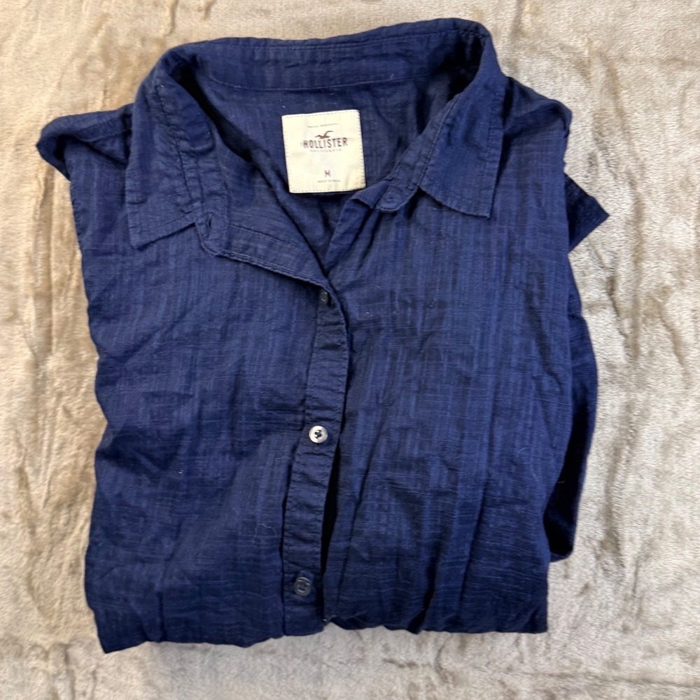 Y2K Hollister Womens Navy Blue Textured Slub Button Down Shirt Preppy Size M